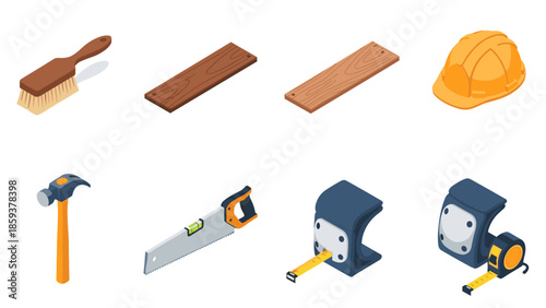 Essential isometric construction tools and equipment for woodworking projects