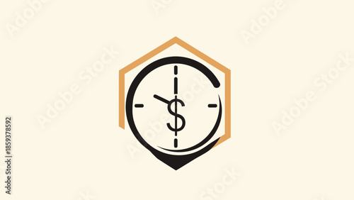 A graphic featuring a clock with dollar sign hand, encased in a hexagon on a cream backdrop