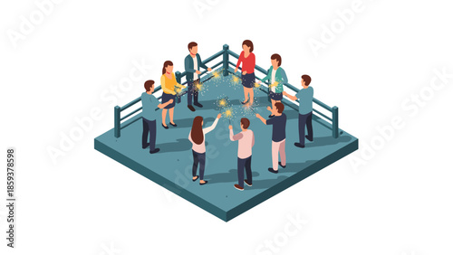 Isometric celebration with friends holding sparklers in a social gathering