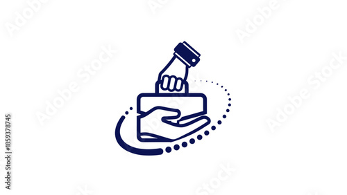 A graphic depicting an object being passed from one hand to another, with a dotted trail