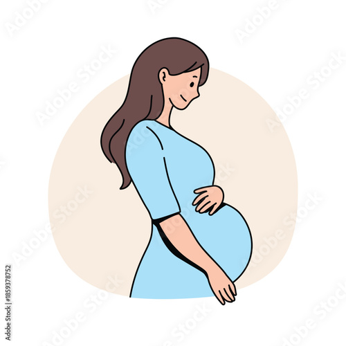 Happy pregnant woman holding her belly with love. Flat Vector Illustration.