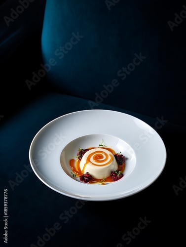 Elegant panna cotta dessert with caramel drizzle and berries on a white plate