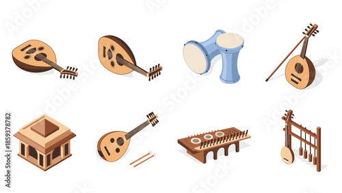 Traditional middle eastern musical instruments collection in isometric style
