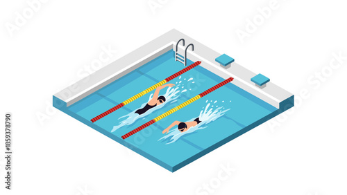 Isometric swimming competition in pool with racing lanes and swimming athletes