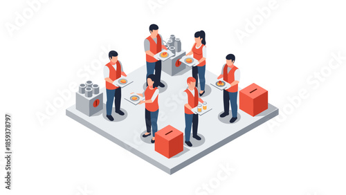 Isometric teamwork: diverse people serving food in a community event