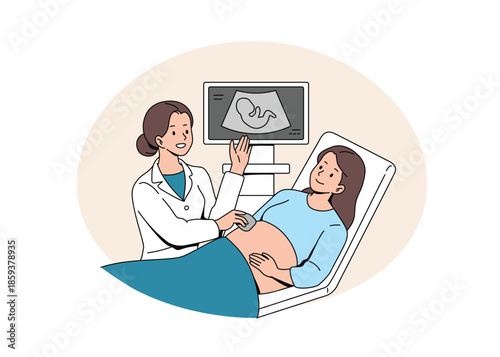 Female doctor performing ultrasound scan for a pregnant woman, Ultrasound checkup in pregnancy illustration. Flat Vector.