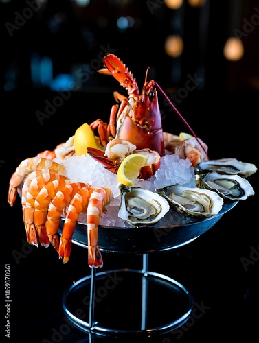 Luxurious seafood platter presentation with fresh lobster shrimp oysters on ice