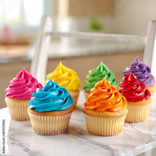 Group of six vibrant rainbow colored cupcakes with thick sweet frosting on white marble surface indoors