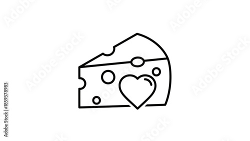 Line art illustration of a cheese wedge with heart, featuring holes and simple geometry