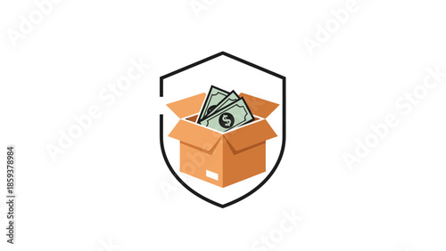 A vector illustration depicts a cardboard box overflowing with money inside a shield