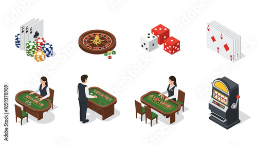 Isometric casino elements: cards, roulette, dice, and dealer tables