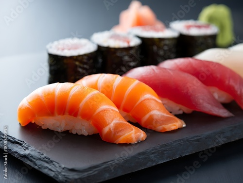Close up of fresh salmon and tuna nigiri sushi arranged neatly with maki rolls on dark slate board