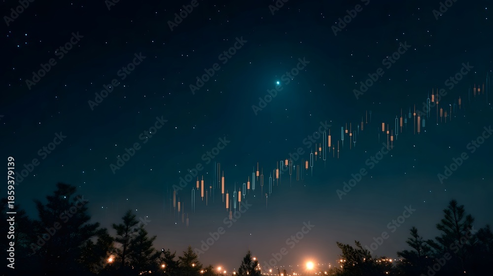 Fototapeta premium A candlestick chart ascends towards a bright star in a starry night sky seen above city lights and silhouetted trees
