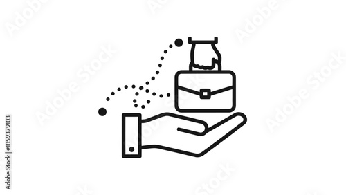 Simple illustration of a hand receiving a briefcase from another hand, with a dotted line