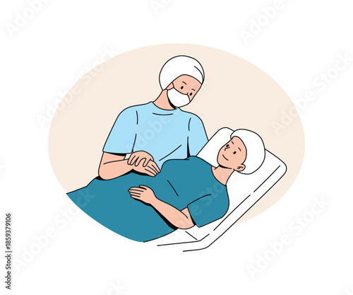 Pregnant woman in hospital bed with surgical team before delivery. Flat vector illustration.