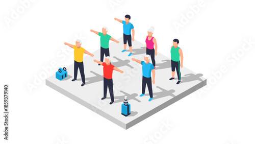 Seniors exercising together on platform, engaging in fitness routine