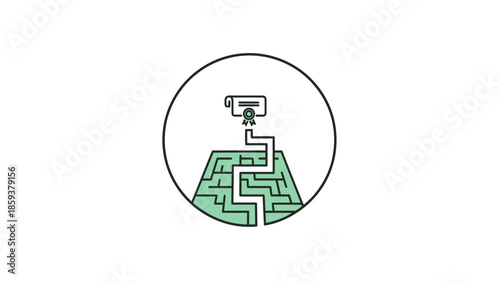 A conceptual circular graphic featuring a maze with a diploma at the end