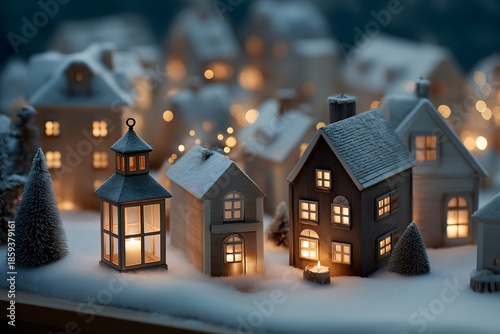 Miniature houses aglow with warm light nestle in a softly illuminated snowy landscape, exuding the serene charm of a cozy, winter night. Capturing the season's magic with the inviting glow.