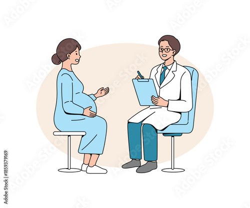 Prenatal consultation and health monitoring during pregnancy. Antenatal care and pregnancy checkup illustration. Flat vector. 