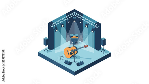 Isometric music stage with acoustic guitar and amplifier in spotlight setting