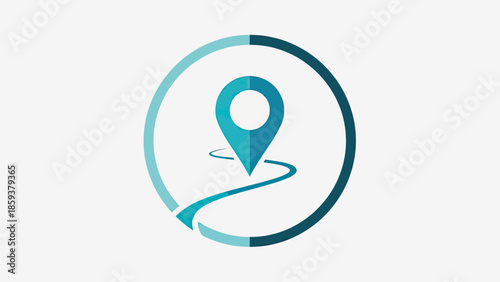 A blue location pin, path and circle graphic, suggesting navigation and destination on a white background