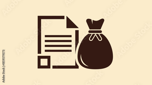 A document icon with lines and a bag icon tied shut, set against a beige background