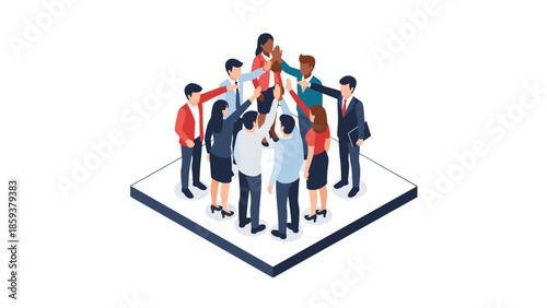 Isometric teamwork concept: diverse group in collaborative high five gesture