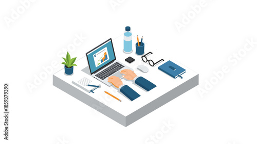 Isometric workspace with laptop, office supplies, and indoor plant for productive home office setup