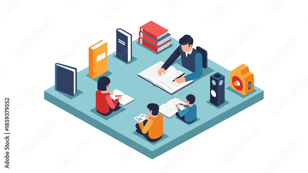 Obraz premium Diverse family learning scene with books in isometric style