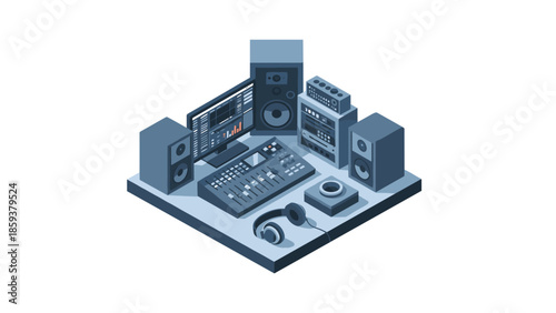 Isometric music studio design with audio equipment and mixing console