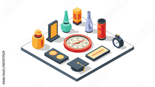 Isometric asian culture exhibit with traditional artifacts and compass display