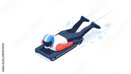 Isometric winter sportsman racing on smartphone in creative futuristic concept