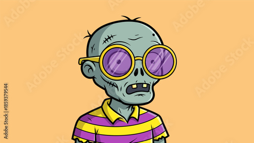 Cartoon Zombie Character with Round Glasses and Striped Shirt.