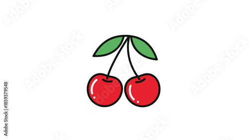 Two cartoon cherries with leaves on a white background. Simple illustration with black outlines