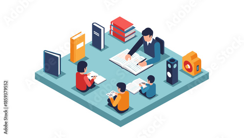 Diverse family learning scene with books in isometric style