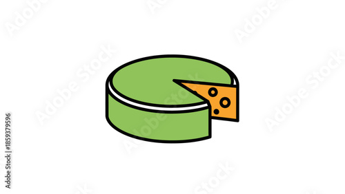 Cartoon illustration of a cheese wheel with a wedge cut out, simple design on white
