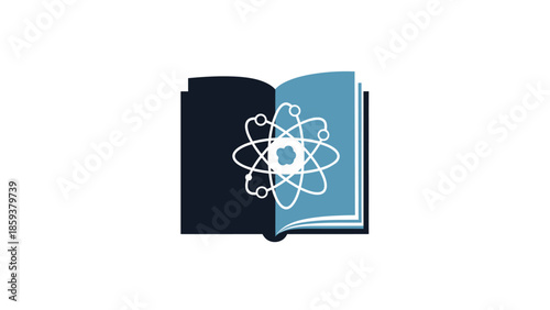 A graphic of an open book with an atom diagram within, blue and black design