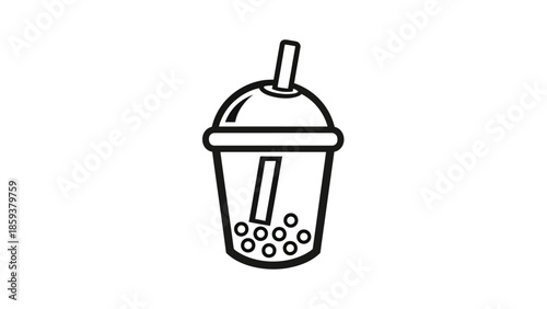 Line art illustration of a bubble tea cup, a cold drink with a straw and tapioca pearls