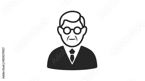 A minimalist icon depicts a suited man with glasses. The grayscale image is on a white background