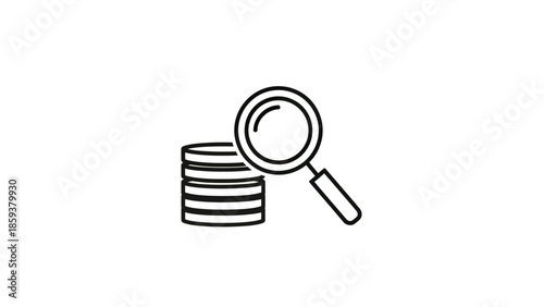 Icon depicting coins stacked and a magnifying glass, represented as simple black outlines