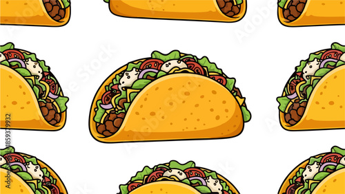 Seamless Pattern of Delicious Cartoon Tacos on White Background Mexican Food Vector Illustration