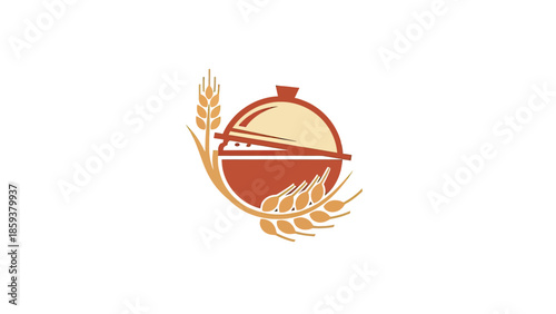 Stylized illustration features wheat, a pot with a lid, and wheat, rendered in flat warm tones