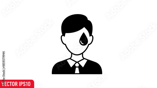 A minimalist icon of a person with a drop over the eye, in black against a white background