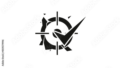 Abstract black and white design with a target, checkmark, and broken elements