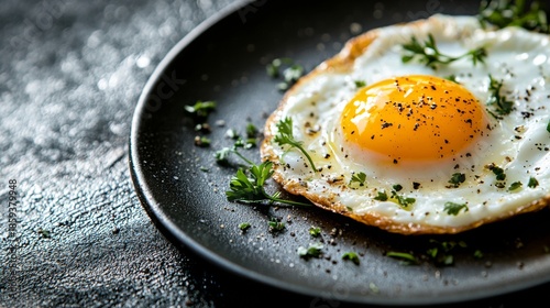 Fried egg served on a black plate with herbs and spices ready for breakfast or brunch