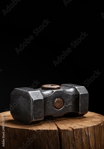 A heavy, menacing, crudely forged metal war hammer resting on rough wood, symbolizing ancient savagery and raw, brutal power ,rust ,conquest ,savage