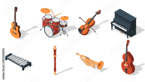 Isometric musical instruments collection: guitar, drum set, violin, piano, xylophone, recorder, trumpet, cello