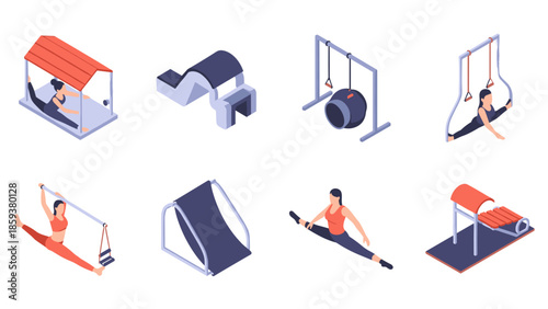 Isometric gymnastic equipment and athletes in action