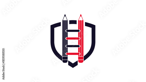A shield with two pencils forming a ladder shape, one black, one red