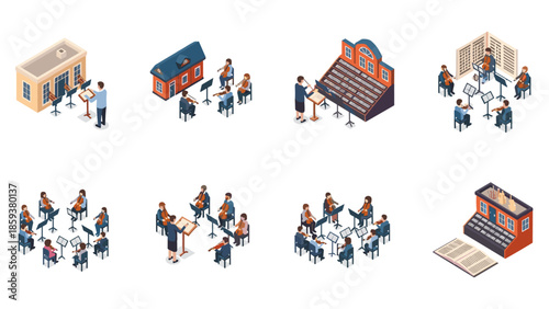 Diverse musical education scenes featuring student orchestras in isometric school environments